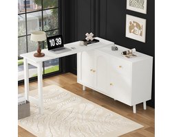FloraGrace Bureau - 2 In 1 Draaibaar Ontwerp Met Opbergruimte - Hoekbureau En Sideboard Voor Woonkamer Of Kantoor - Spaanplaat - 120x40x74,5 Cm - Wit