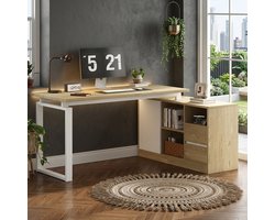 FloraGrace Bureau - L-Vormig Hoekbureau Met Opbergruimte En Verstelbare Plank - Voor Kantoor En Studie - MDF En Metaal - 152x113,5x76 Cm - Naturel En Wit