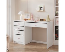 FloraGrace Bureau - Met 5 Lades En Roze Keramische Grepen - Voor Kinderkamer, Slaapkamer En Werkplek - Wit Spaanplaat - 120x45x74 Cm