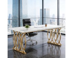 FloraGrace Bureau - Moderne Computertafel En Vergadertafel - Rechthoekig Voor Kantoor En Eetkamer - Marmerlook En Metaal - 160x80x75 Cm - Wit Goud