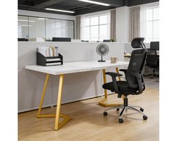 FloraGrace Bureau - Moderne Computertafel Voor Home Office En Studie - Rechthoekig Werkblad In Marmerlook - Metaal En Hout - 140x80x75 Cm - Wit Goud