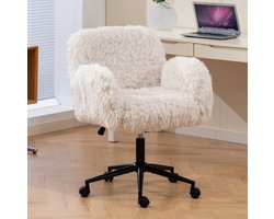 FloraGrace Bureaustoel Met Wollen Fleece - Verstelbare Armleuningen En Wielen - Draaibaar En Ergonomisch - Voor Homeoffice En Make-uptafel - Beige