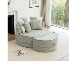 FloraGrace Chaise Longue 121 Cm - Ronde Loungestoel Met Hocker En 5 Kussens - Voor Woonkamer Of Slaapkamer - Schuim - Mintgroen