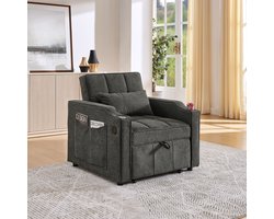 FloraGrace Chaise Longue 190 cm - 3-in-1 Slaapfauteuil Met USB En USB-C, Bekerhouder En 3-Standen Rugleuning - Voor Kleine Ruimtes En Gasten - Hout En Linnen - Donkergrijs