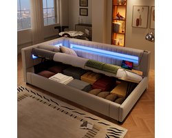 FloraGrace Daybed 90x200cm – Met Led Sfeerverlichting En Afstandsbediening – Hydraulische Opbergruimte – Met Usb En Usb C – Zonder Matras – Linnen – Beige