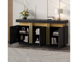 FloraGrace Dressoir - 3 Deuren En 6 Vakken Met Verstelbare Planken - Opbergen Voor Woonkamer Keuken Hal - Spaanplaat Zwart Goud - 140x38x70 Cm