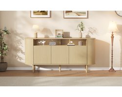 FloraGrace Dressoir - 3 Welfdeuren En Open Vakken - Voor Woonkamer, Hal En Eetkamer - Spaanplaat En Hout - 160x40x78.5 Cm - Naturel