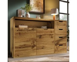 FloraGrace Dressoir - Eikenlook Met 2 Deuren 4 Laden En Open Vak - Voor Woonkamer En Hal - Hout En Metaal - 150x40x90 Cm