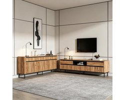 FloraGrace Dressoir En Tv Meubel - Set Met Kabeldoorvoer En Lade - Voor Woonkamer - Hout En Metaal - 160x40x73 Cm En 180x40x52 Cm - Natuurlijk Zwart
