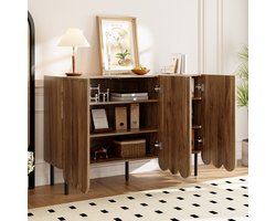 FloraGrace Dressoir - Golvende Deuren Met Greeploos Druksysteem - Opbergkast Voor Woonkamer En Hal - MDF Walnoot - 120x35x80 Cm