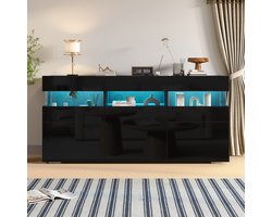 FloraGrace Dressoir Hoogglans Met LED Verlichting En Transparant Acryl 3 Deuren 7 Opbergvakken Voor Woonkamer Zwart 140x40,5x66,5 Cm