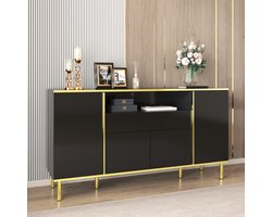 FloraGrace Dressoir - Hoogglans Met Ledverlichting En Gouden Accenten - 4 Deuren En 1 Lade Voor Woonkamer - MDF Spaanplaat - Zwart - 150x40x80 Cm