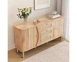 FloraGrace Dressoir - Houtlook Met Rotan Laden En Schuifdeuren - Opbergruimte Voor Woonkamer En Hal - Spaanplaat - Naturel - 140,5x40x76 Cm