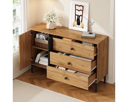 FloraGrace Dressoir - Houtnerf Met Verticale Strepen - 1 Kastdeur En 3 Lades Voor Woonkamer En Eetkamer - Spaanplaat Zwart Naturel - 120x35x76 Cm