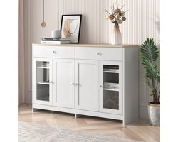 FloraGrace Dressoir - Landelijke Kast Met 4 Deuren En 2 Lades - Verstelbare Legplanken Voor Woonkamer En Eetkamer - MDF Wit - 120x37x80 Cm