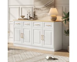 FloraGrace Dressoir - Landelijke Kast Met 4 Lades En 4 Deuren - Opbergkast Voor Keuken En Woonkamer - Spaanplaat Wit Eiken - 140x40x75 Cm