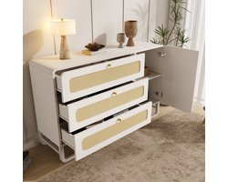FloraGrace Dressoir - Landelijke Stijl Met Rotan En Gouden Grepen - 3 Lades En Kastdeur Voor Woonkamer Hal Keuken - Hout Metaal Wit - 120x40x85 Cm