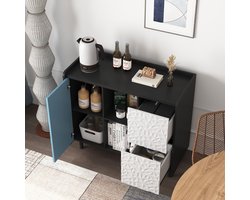 FloraGrace Dressoir - Met 2 Laden En Open Vakken - Voor Keuken, Woonkamer En Werkkamer - MDF - 90x40x80 Cm - Zwart Blauw