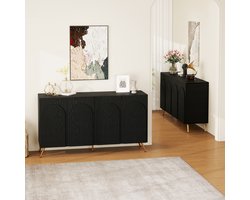 FloraGrace Dressoir - Mid-Century Design Met 3D-Ribbels En Boogdeuren - Voor Hal En Woonkamer - Spaanplaat - 150x38x83 Cm - Zwart
