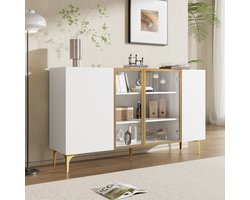 FloraGrace Dressoir - Modern Asymmetrisch Design Met 4 Deuren En Glaspanelen - Veel Opbergruimte Voor Woon En Eetkamer - MDF - Wit - 150x38x85 Cm