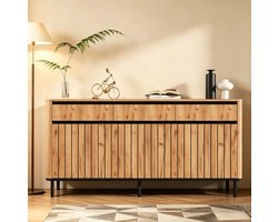 FloraGrace Dressoir - Moderne Opbergkast Met 3 Lades En 3 Deuren - Voor Woonkamer Of Hal - MDF En Metaal - 160x40x73 Cm - Naturel Hout