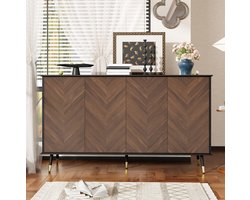FloraGrace Dressoir - Visgraat Front Met 4 Deuren En Verstelbare Planken - Voor Woonkamer Hal En Eetkamer - MDF - 140x40x80 Cm - Zwart Bruin