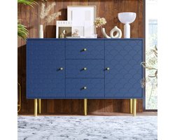 FloraGrace Dressoir - Visgraat Reliëf Front Met 2 Deuren En 3 Lades - Verstelbare Legplank Voor Woonkamer En Slaapkamer - Hout Metaal Marineblauw - 120x40x83 Cm
