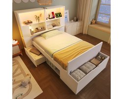 FloraGrace Eenpersoonsbed 90x200 cm - Met Led, USB En Opbergruimte - Met Lades En Bedbank - Kinderkamer - Hout - Wit - Zonder Matras