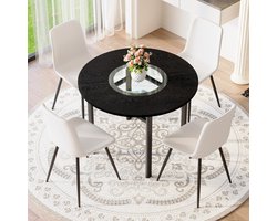 FloraGrace Eethoek 100 Cm - Ronde Tafel Met 4 Eetkamerstoelen En Glazen Inzet - Voor Eetkamer Of Woonkamer - MDF Metaal