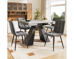 FloraGrace Eethoek 99-159 x 74 x 77 cm - Uitschuifbare Eettafel Met 4 Eetkamerstoelen - MDF, Metaal En Fluweel - Zwart Grijs