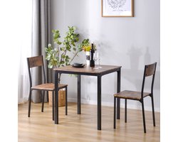 FloraGrace Eethoek Set - Tafel Met 2 Stoelen - Ruimtebesparend Voor Keuken En Balkon - Metaal En MDF - Bruin - 70x70x75 Cm