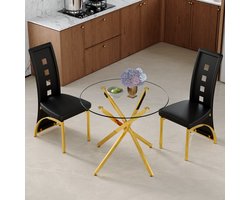 FloraGrace Eetkamerset - Ronde Tafel Van 88 Cm Met 2 Stoelen - Modern En Compact - Voor Kleine Eetruimtes En Keukenhoeken - Glas En Metaal - Zwart Goud Transparant