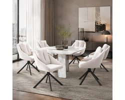 FloraGrace Eetkamerstoel – Draaibaar Comfort Met Wielen – Set Van 6 – Velvet – Beige – Met Armleuningen En Metalen Onderstel