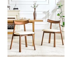 FloraGrace Eetkamerstoel - Ergonomische Houten Rugleuning - Set Van 2 - Hout En Kunstleer - Scandinavisch - Wit En Walnootbruin