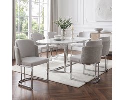 FloraGrace Eetkamerstoel – Luxe Dubbele Rugleuning – Set Van 6 – Chenille – Modern – Lichtgrijs En Zilver – Comfortabel Voor Eetkamer, Woonkamer Of Cafe – Met Armleuningen