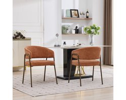 FloraGrace Eetkamerstoel Met Armleuningen - Chenille - Modern - Oranje - Comfortabel Voor Eethoek Of Woonkamer