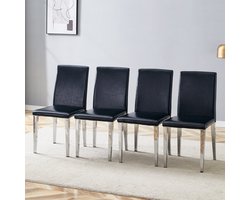 FloraGrace Eetkamerstoel – Minimalistisch En Ergonomisch – Set Van 4 – PU-Leer En Metaal – Zwart Zilver – Voor Eetkamer