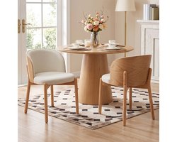 FloraGrace Eetkamerstoel Set Van 2 - Comfortabele Stoffen Stoelen Met Gebogen Rugleuning En Houten Frame - Voor Eetkamer En Woonkamer - Naturel