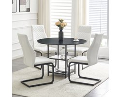 FloraGrace Eettafel En Stoelenset – 4 Persoons – Rond 107 Cm – Met Dubbele Opberglagen En Comfortabele Stoelen – Voor Eetkamer En Kleine Ruimtes – Plaatmateriaal En Metaal – Zwart En Wit