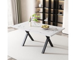 FloraGrace Eettafel - Modern Met Kruispoten - Voor Eetkamer En Woonkamer - MDF En Metaal Marmerlook - 140x80x76 Cm - Wit