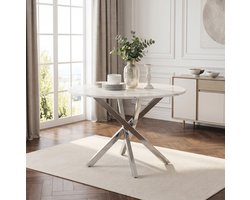FloraGrace Eettafel - Ronde Tafel Met Marmerlook Blad En X-Poot - Voor Eetkamer En Keuken - MDF En Metaal - 80x80x75 Cm - Wit Zilver