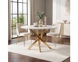 FloraGrace Eettafel - Ronde Tafel Met Marmerlook En X-Poot - Voor Eetkamer En Kleine Woonruimte - MDF En Metaal - 80x80x75 Cm - Goud Wit