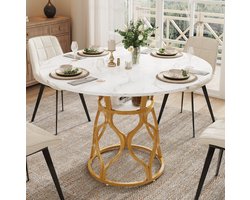 FloraGrace Eettafel - Ronde Tafel Met Opbergplank Voor 4-6 Personen - Ruimtebesparend Voor Keuken En Eetkamer - Hout En Metaal - 100x100x75 Cm - Wit Goud