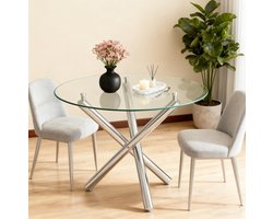 FloraGrace Eettafel - Ronde Tafel Van Gehard Glas Met Metalen Kruispoot - Voor Eethoek En Woonruimte - Zilver - 80x80x77 Cm