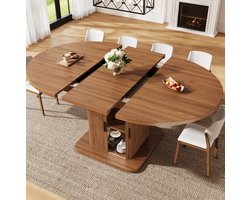 FloraGrace Eettafel - Uitschuifbaar Ovaal Design Met Opbergruimte En Schuifdeuren - Voor Eetkamer - MDF En Metaal - 149,8x110x75 Cm - Hout