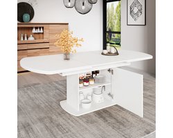FloraGrace Eettafel - Uitschuifbaar Ovaal Met Opbergruimte - Modern Voor Eethoek En Woonruimte - Spaanplaat En Metaal - 200x80x75 Cm - Wit Zilver
