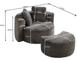 FloraGrace Fauteuil 130 x 115 x 103 cm - Met Hocker En Ronde Vorm - Voor Woonkamer Of Slaapkamer - Stof - Donkergrijs