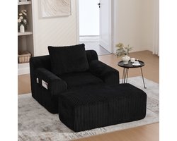 FloraGrace Fauteuil 147 X 110 X 67 Cm - Met Voetenbank, Diepe Zit & Zijvakken - Voor Woonkamer Slaapkamer Kantoor - Corduroy - Zwart