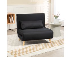 FloraGrace Fauteuil - 2 In 1 Slaapstoel Met Verstelbare Rugleuning En Kussen - Voor Woonkamer En Logeerkamer - Houten Poten - Zwart - Stof