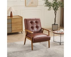 FloraGrace Fauteuil - Echt Leren Loungestoel - Met Houten Armleuningen En Rubberhouten Poten - Voor Woonkamer, Slaapkamer En Thuiswerkplek - Bruin